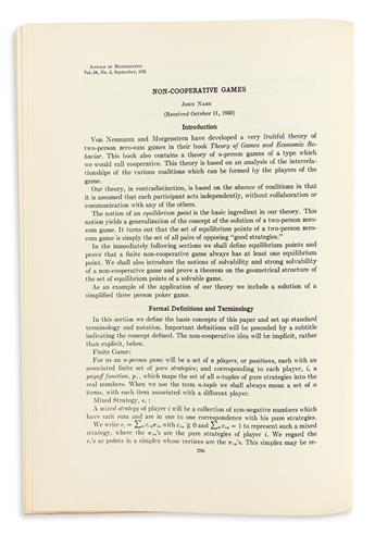 NASH, JOHN. Non-Cooperative Games.  In:  Annals of Mathematics, Second Series, Volume 54, Number 2.  1951